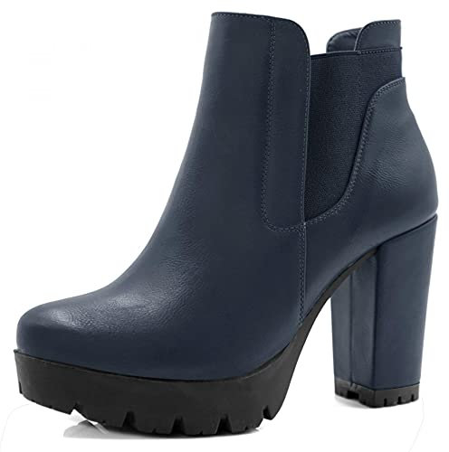 Allegra K Botas Chelsea De Tacón Alto Grueso Cremallera Plataforma para Mujer Navy Blau 37