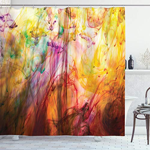 ABAKUHAUS Modern Duschvorhang, Regenbogen-Farbbild, Stoffliches Gewebe Badezimmerdekorationsset mit Haken, 175 x 180 cm, Orange Gelb Rosa