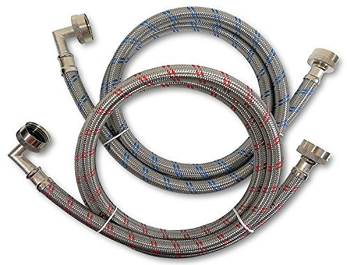 Premium Stainless Steel Washing Machine Hoses with 90 Degree Elbow, 6 Ft Burst Proof (2 Pack) Red and Blue Striped Water Connection Inlet Supply Lines