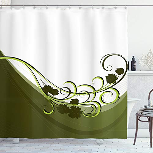 ABAKUHAUS Olive Verte Rideau de Douche, Inspiré de Mariage, Tissu Ensemble de Décor de Salle de Bain avec Crochets, 175 cm x 200 cm, Vert pâle Blanc
