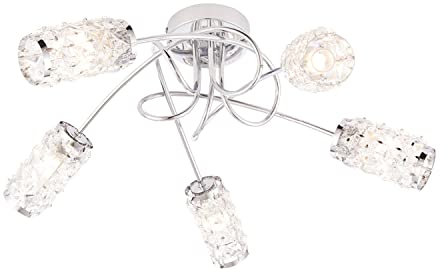 Bronx Modern 5 Way Spiral Silver Chrome Semi Flush Bathroom Ceiling Light with Patterned Cut Glass Shades IP44 Rated 560mm