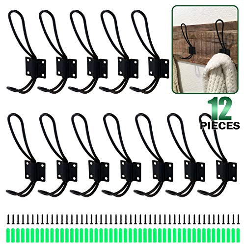 Keadic 12 Pack Heavy Duty Rustic Black Coat Hooks Kit with Screws and Expansion Screws Included, Wall Mounted Coat Hanger | Double Vintage Wall Hooks for Hanging Look (Black - 12 Pack)