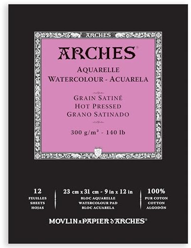 Arches Aquarellblock, heißgepresst, 300 g/m², 12 Blatt, 22,9 x 30,5 cm, Aquarellpapier, 100% Baumwolle