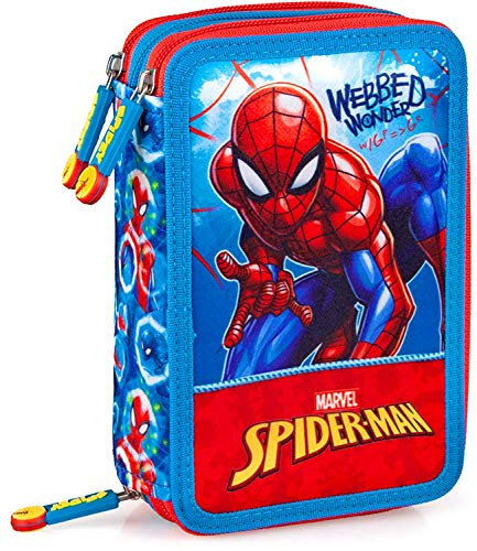Spiderman - Estuche escolar original con 3 cremalleras con 44 piezas (rojo/azul).
