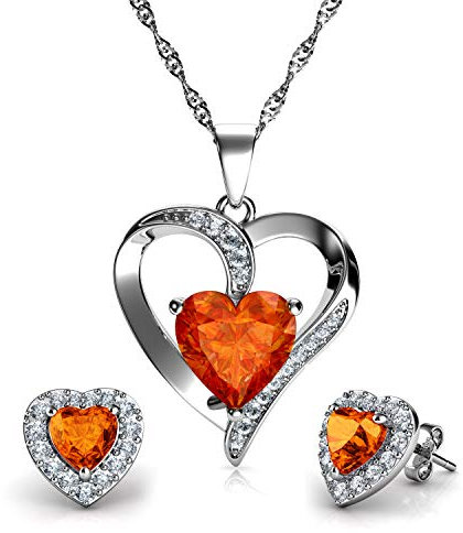 DEPHINI - Orange Schmuck-Set – Blaue Halskette und blaue Ohrringe – 925 Sterling Silber – Marken-Kristall-Ohrstecker und Anhänger Geburtsstein