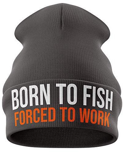 Purple Print House Born to Fish Beanie Mütze für Herren, lustige Geschenke für Ihn, Winter Kaltangeln Papa Großvater Kappe Ehemann Gr. Einheitsgröße, grau