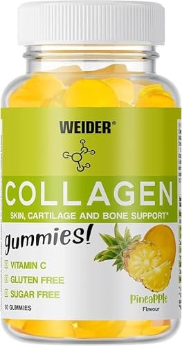 Weider Collagen Gummies (50 gummies) Sabor Piña. Gominolas de Colágeno Hidrolizado Peptan con Vitamina C. Para Piel, Huesos y Articulaciones. Sin Azúcares y Sin Gluten.
