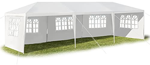GOPLUS 3 x 9 m Carpa para Fiesta de Jardín, Cenador Impermeable con Protección UV, 5 Paredes Laterales Extraíbles y Ventanas, Carpa Plegable para Eventos, Cerveza, Fiesta, Camping, Boda, Blanco