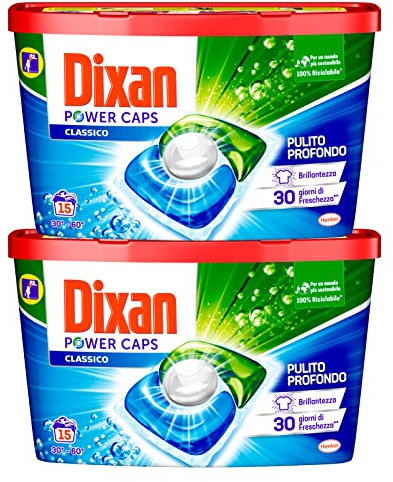 2x Dixan Power Caps Classico Detersivo in Capsule per Lavatrice Pulito Profondo Efficace in Acqua Fredda 2 Confezioni da 15 Capsule Ognuna - 30 Lavaggi Totali