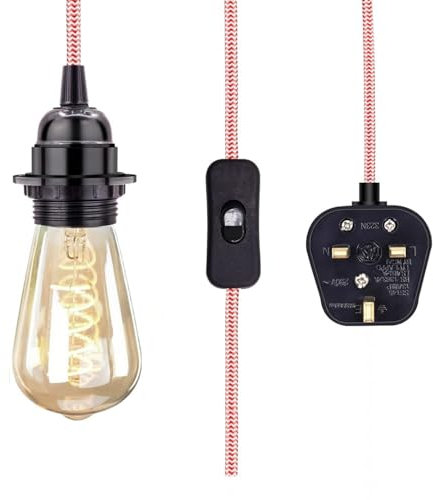 Plug in Pendant Light Fitting, 5M Plug in Extension Cable with On/Off Switch E27 Lamp Holder Pendant Light Kit for DIY Lampshade(No Bulb)