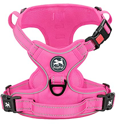 PoyPet Dog Harness Large, No Pull Vest with Front Clip & Padded Handle | Lockable Neck Release Buckle, No Choke, 2 D-rings, Reflective, Adjustable, for Walking Training, L, Pink Matching Trim
