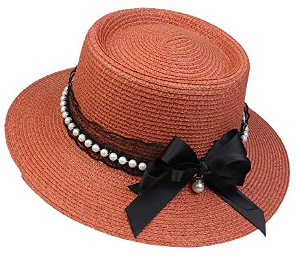 JK Home Panama Eté Femme Chapeau de Soleil avec Nœud de Papillon Capeline Large Bord pour Plage Mariage Camping Orange