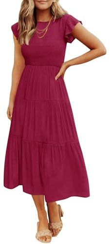 ZESICA - Women's Short Sleeve Ruffle Short Sleeve Crew Neck Ruched Elastic Waist Summer Dress