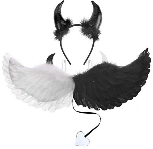 DPKOW Engel und Teufel Kostüm Halloween Engelsflügel Weiß Schwarz Teufelshörner Haarreif für Kinder Damen Karneval Fasching Party Engel Kostüm Teufel Halloween Kostüm Accessoire