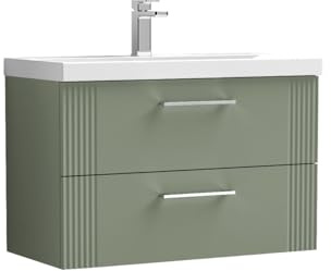 nuie DPF895D Deco Modern Bathroom Wall Hung 2 Drawer Part Fluted Vanity Basin Unit with Thin-Edge Ceramic Basin, 800mm, Satin Green