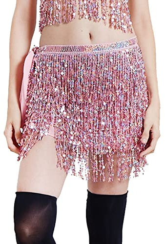 JK Home Jupe à Paillette Ceinture de Danse Écharpe de Hanche Orientale Foulard Frange pour Femme Fille Rose