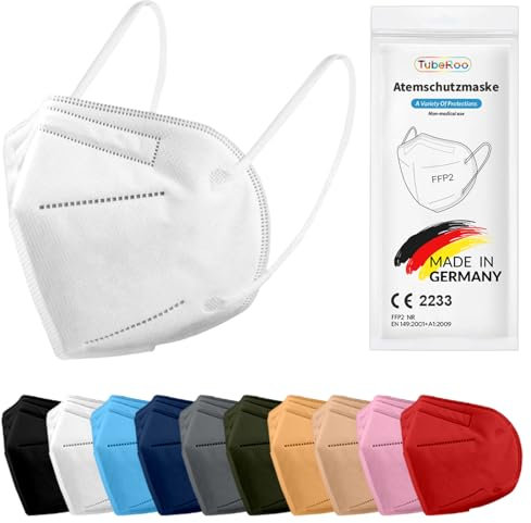 TubeRoo FFP2 Maske weiß 20 Stück Masken aus Deutschland, Made in Germany, weiche Ohrschlaufen Bänder, Atemschutzmaske, Mundschutz, Schutzmaske, Staubmaske, Feinstaubmaske