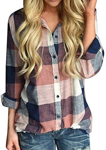 Damen V-Ausschnitt Kariert Bluse Karo Shirt Langarm Einfarbig Hemd Elegant Frauen Shirt Hemdbluse Bluse Damenbluse Blusenshirt