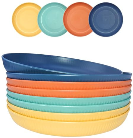 Lot de 8 Assiettes en plastique,22.5CM,Assiettes à Dîner Plastique Réutilisables,Assiettes au Lave-Vaisselle et au Micro-Ondes pour Pizza, Pâtes, Gâteaux, Camping, Pique-nique,4 Colori