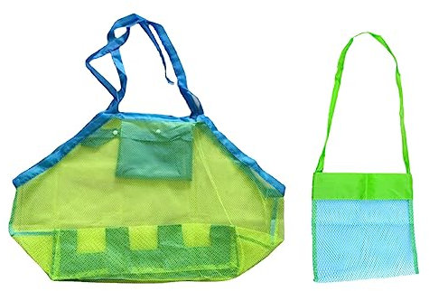 DDKY 2 Stücke Netztasche,1 groß und 1 klein Strandtasche Strandspielzeug für Sandspielzeug Wasserspielzeug für Kinder Aufräumsack Spielsack Badetasche Beachbag -Blau Mesh Grün Strap