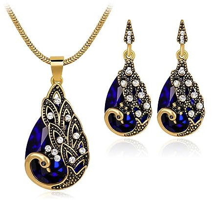 TOFBS Schmucksets für Damen Pfau Anhänger Ohrringe Halskette Vintage Schmuck Set für Frauen Mädchen Valentinstag Geburtstagsgeschenk (Blau)