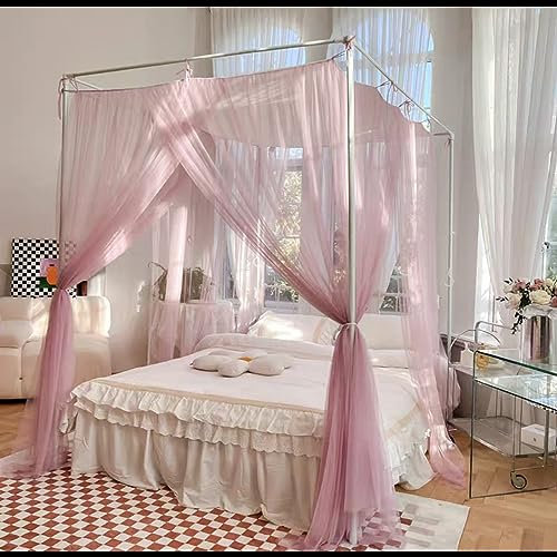 AdeptT Metall-Himmelbettrahmen, Betthimmelrahmen in voller Größe, Himmelbettpfostenstangen mit Vorhang, für Metallbett, Holzbett, Schlafzimmerdekoration,Rosa,Queen