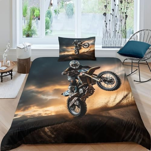 BARDYS Motocross Bettwäsche-Sets,3D-Druck Steppdeckenbezug Weiche Mikrofaser Motorbike Bettbezug Mit Kissenbezug,mit Reißverschluss.Geeignet Für Kinder Und Erwachsene Single(135x200cm)