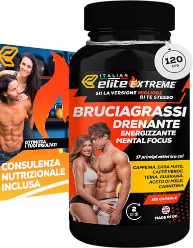 Italian Elite® Integratore Brucia Grassi Elite Extreme. 120 caps. Termogenico, Drenante, Dimagrante, Energizzante Forte, Detox, Booster Mentale. Per Uomo e Donna
