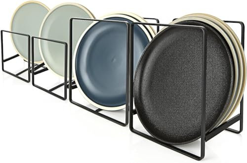 ASelected 4 STK Teller Organizer Schrank, 2 Große + 2 Kleine Schwarz Tellerhalter Schublade Metall Teller Organizer Schrank Tellerständer für Küchenschrank Teller & Topfdeckel