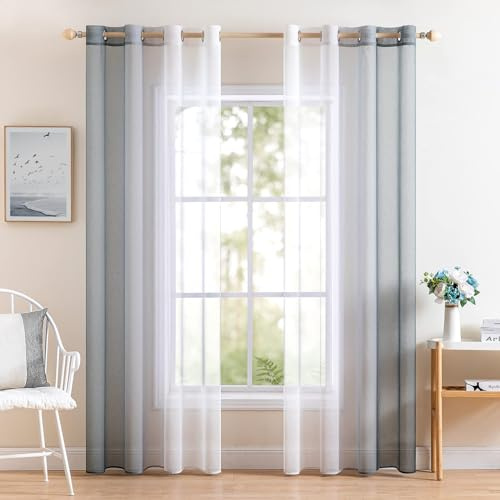 MIULEE 2er Set Voile Vorhang Zweifarbiger Vorhang mit Ösen Transparente Gardine Ösenschal Fensterschal Lichtdurchlässig für Schlafzimmer, 140x137cm, Grau