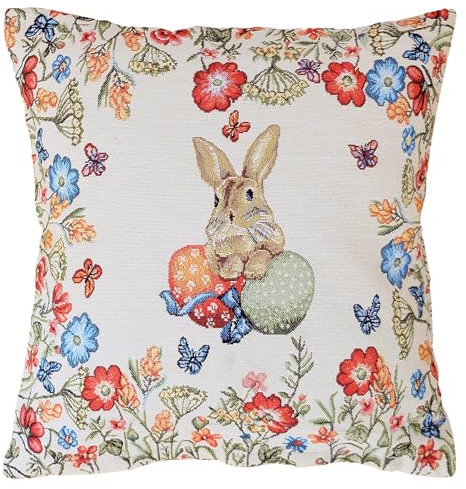 heimtexland Gobelin Dekokissen Ostern Deko Kissen Bezug mit Baumwolle Osterdeko Natur Kissenbezug Landhaus Sofakissen Typ884 Kissenhülle 40x40 cm Osterhase Blumenwiese