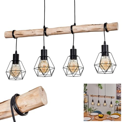 Hängeleuchte Yaak, Pendelleuchte aus Metall/Holz in Schwarz/Natur, Hängelampe im Retro/Vintage Design mit Schirmen in Gitter-Optik und Holzstab (80 cm), Höhe max. 177,5 cm, 4 x E27, ohne Leuchtmittel