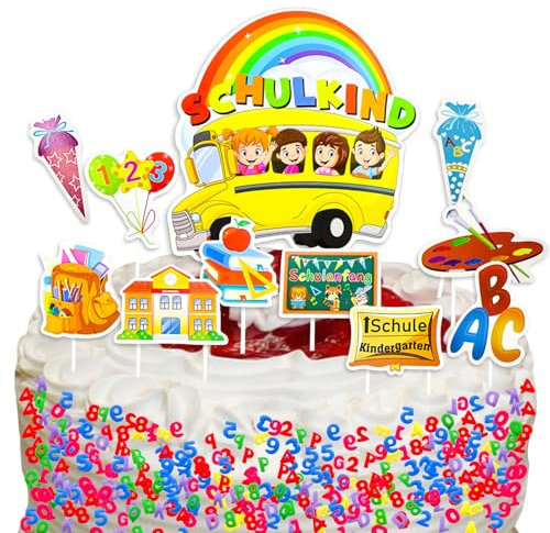 Tortendeko Einschulung,Kuchen Deko,Schulanfang Tortendeko,Cupcake Topper,Gold Gratulation Girlande,Herzlichen Glückwunsch Dekoration,Essbare Numerisch und Buchstaben für Torte (Farbe-a)