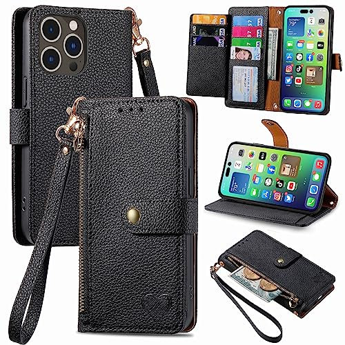 VEEMOS Zipper Wallet Case for Apple iPhone 14 Pro Max Phone Case with Purse Card Holders RFID Blocking Leather Flip Case Book Cover Wrist Strap Women - Black