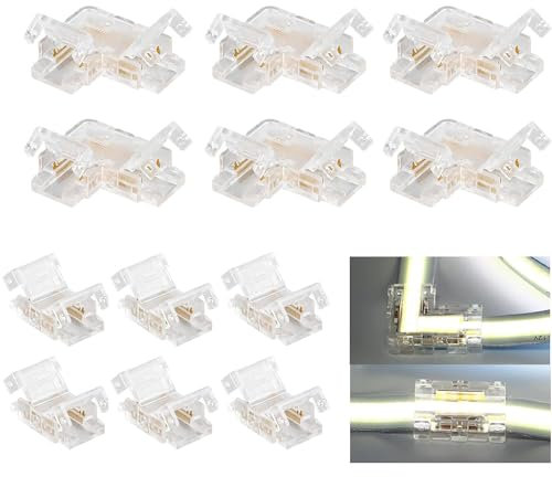 ENQIMAOYI 2-polige 10 mm Mini-COB-LED-Streifen-Anschlüsse, lückenloser, lötfreier Stecker, 6 x Streifen-zu-Streifen-Verbinder, 6 x L-förmige Eckverbinder