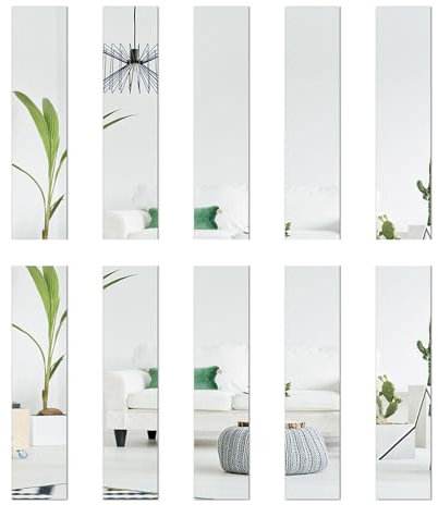KMQRDZi 10 specchi in vetro 5 x 20 cm, piastrelle a specchio, decorazione da parete, adesivo rettangolare in acrilico, effetto 3D, specchio da parete autoadesivo, fai da te (argento)