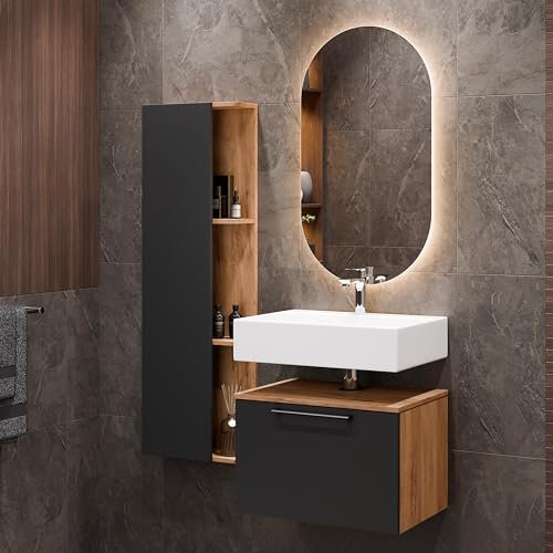 Planetmöbel Astra, set di mobili da bagno con mobiletto lavandino, 60 cm, con 1 armadio laterale dorato, rovere antracite