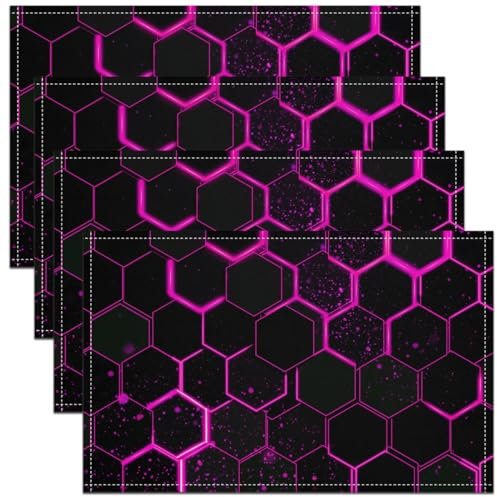 Ombre Honigwaben Tischsets Set von 4 für Erwachsene Jungen Mädchen,Lila Rot Neon Platzmatten 45Bx30L,Galaxy Star Tischmatten,Moderne Geometrische wasserdichte Tischsets für Küchentisch