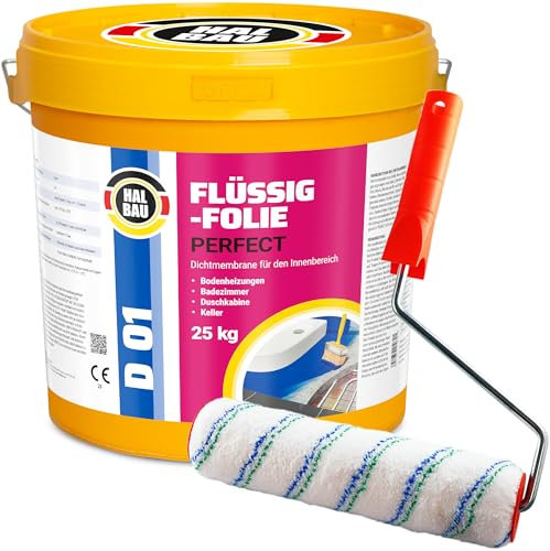 Flüssigfolie Profi 25kg, Abdichtung für Bad, Dusche, Innenbereich, Wassersperre unter Fliesen + Farbroller 25cm mit Bügel Set Halbau D01