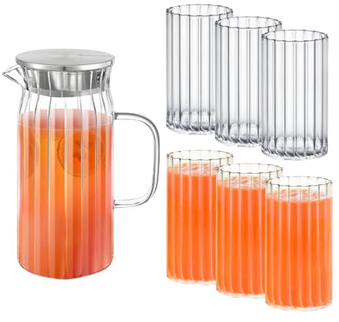 Wilmax | Glaskaraffe 1L mit 6 Wassergläser 250ml im Set | Deckel aus Edelstahl | Wasserkaraffe aus geriffeltem Glas | Wasserkrug für Saft, Wasser, Eistee, Milch | Glaskaraffe | Wasserkanne