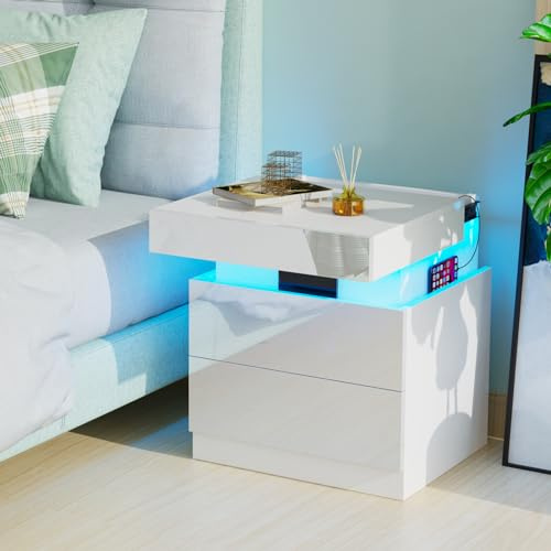 Lvhcmfohm Nachttisch mit Steckdose, Nachtschrank mit Led Licht, Nachtkommode mit 2 Schubladen und Versteckte Schiebeschränke für Wohnzimmer, Schlafzimmer (Weiß, 45x40x52cm)