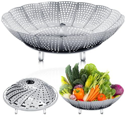 Kasanni Vaporera Cocinar Vapor 27 Cm Acero Inoxidable con Pies Antideslizantes Ajustable Plegable Vaporera Cocinar Vapor Apto para Todo Tipo De Cocina