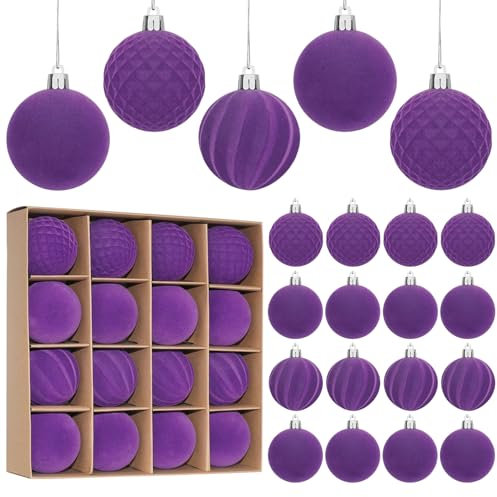 Miaikoe 16 Pcs Velvet Christmas Balls Hanging Ornaments Set, Pre-tied Shatterproof Plastic Flocked Christmas Balls Xmas Decorations Festival Holiday Party Decor (Purple,6CM)