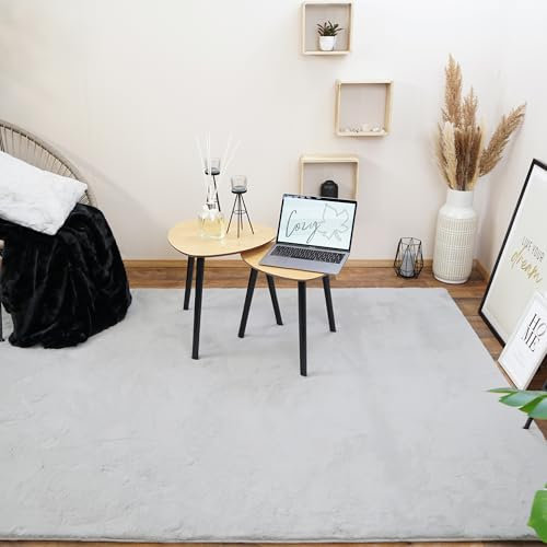 Consilio Concept Cozy Fellteppich 60x100 grau Teppich Supersoft 28 mm Höhe Soft weich Hasenfell Imitat Silber Wohnzimmerteppich Kinderzimmerteppich Küchenteppich Flurteppich