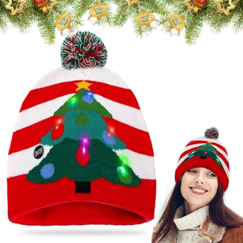 LED Weihnachtsmützen, Unisex-Weihnachts Mütze, Warme Mütze mit Licht Kinder, Strickmütze, Christbaumschmuck Mütze, Nikolausmütze, Einheitsgröße, Winter Schnee Hut für Weihnachtsfeier Familienfeiern