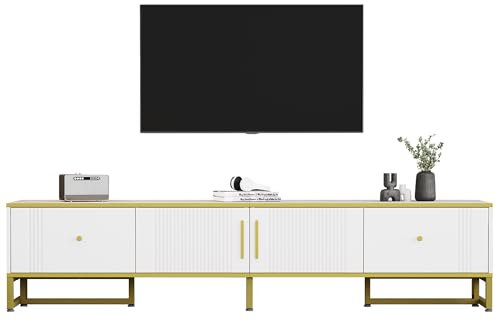 BTM Meuble TV Blanc, Banc TV 180cm, Meuble Télé de Salon avec 2 Portes et 2 Tiroirs, Pieds Réglables, pour Télévisions jusau'à 80 Pouces, 180x40x40cm