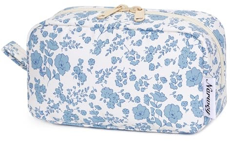 Narwey Make-up Taschen für Unterwegs Kleine Kosmetiktasche Leichter Kulturbeutel Reißverschluss Tasche Make-up Tasche für Damen und Herren (Kleine Blaue Blume,Klein)