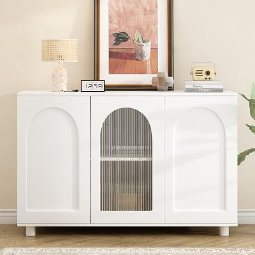 Elegante y sencillo aparador en forma de U en blanco puro con puerta de cristal y diseño de rebote para cocina, salón y comedor, 120 x 40 x 78,5 cm