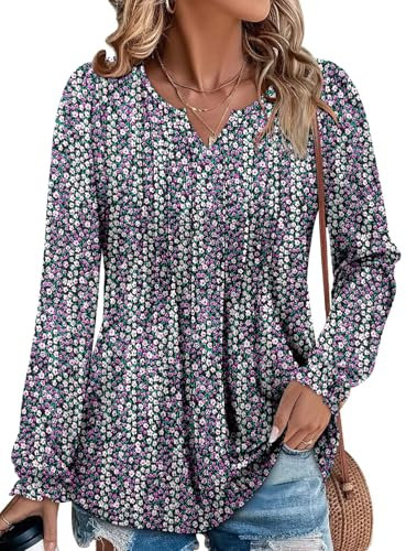 KISSMODA Womens Tunic Tops V Neck Puff Long Sleeve Shirts Pleated Blouses Work T-Shirts Fashion Clothes Lilac Purple