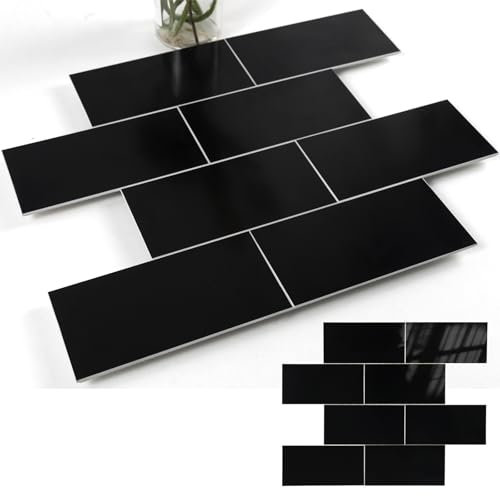 OYASIM 10-Sheet Thicker PVC Stick on Tiles for Kitchen, Black Peel and Stick 3D Splashbacks, Self Adhesive Wall Tiles Stickers for Bathroom Decor (30cmx30cm)